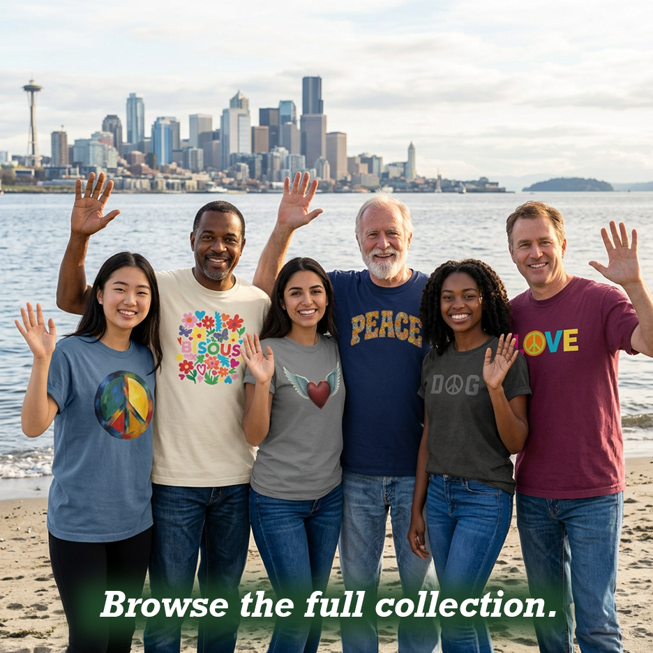 All t-shirts of sale from The Peaceful Printer