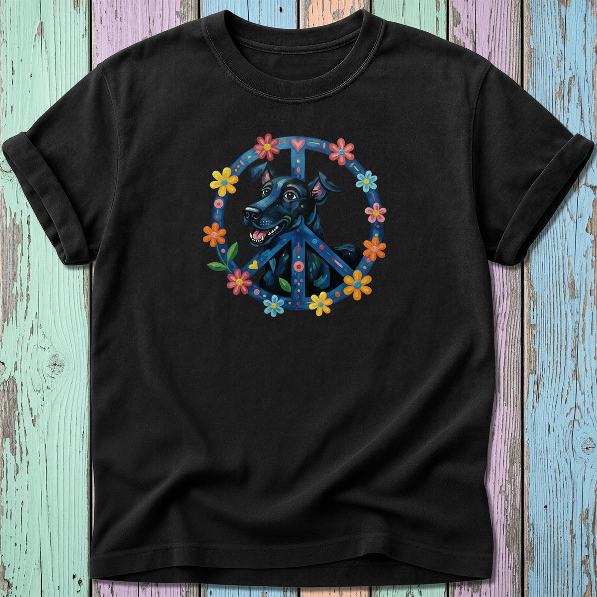 Black t-shirt with a dog in a floral peace sign graphic.
