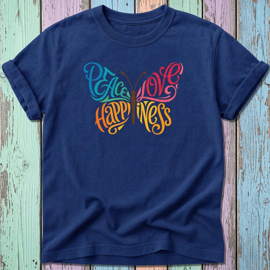 Navy t-shirt with butterfly graphic containing the words "Peace," "Love," and "Happiness."
