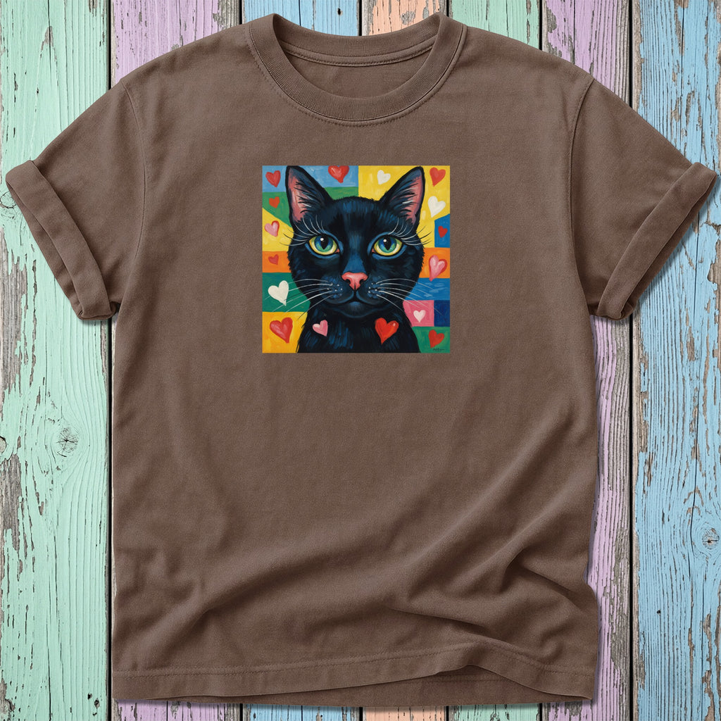 Brown t-shirt with a stylized black cat surrounded by colorful hearts.