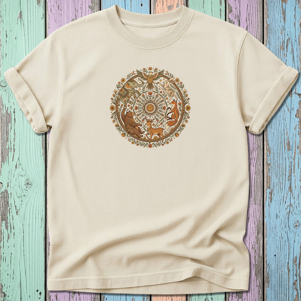 Cream t-shirt with circular woodland animal and floral design.
