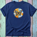 Navy t-shirt with a colorful butterfly featuring peace signs in its wings.