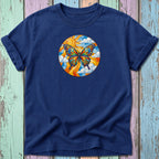 Navy t-shirt with a colorful butterfly featuring peace signs in its wings.