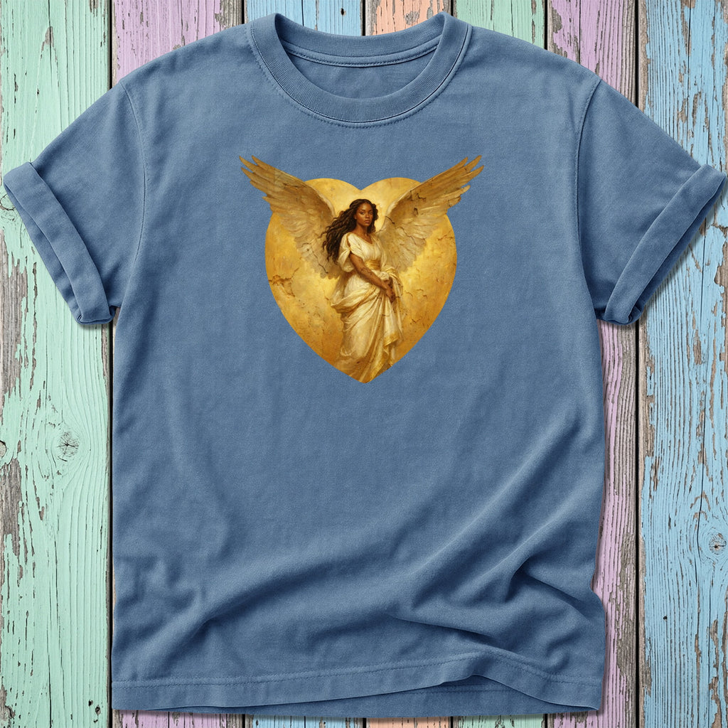T-shirt with an angelic figure with outstretched wings on a golden heart.