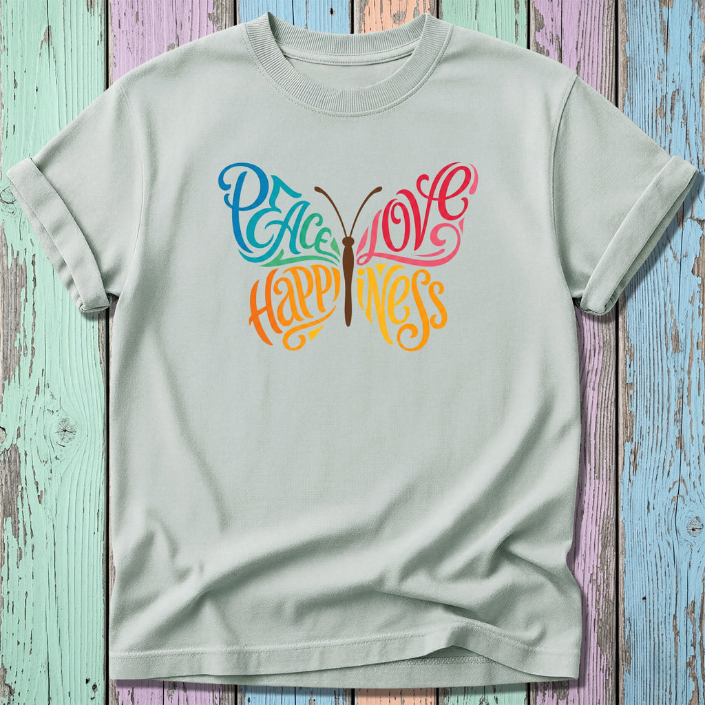 Light blue t-shirt with "Peace Love Happiness" butterfly graphic in colorful lettering.