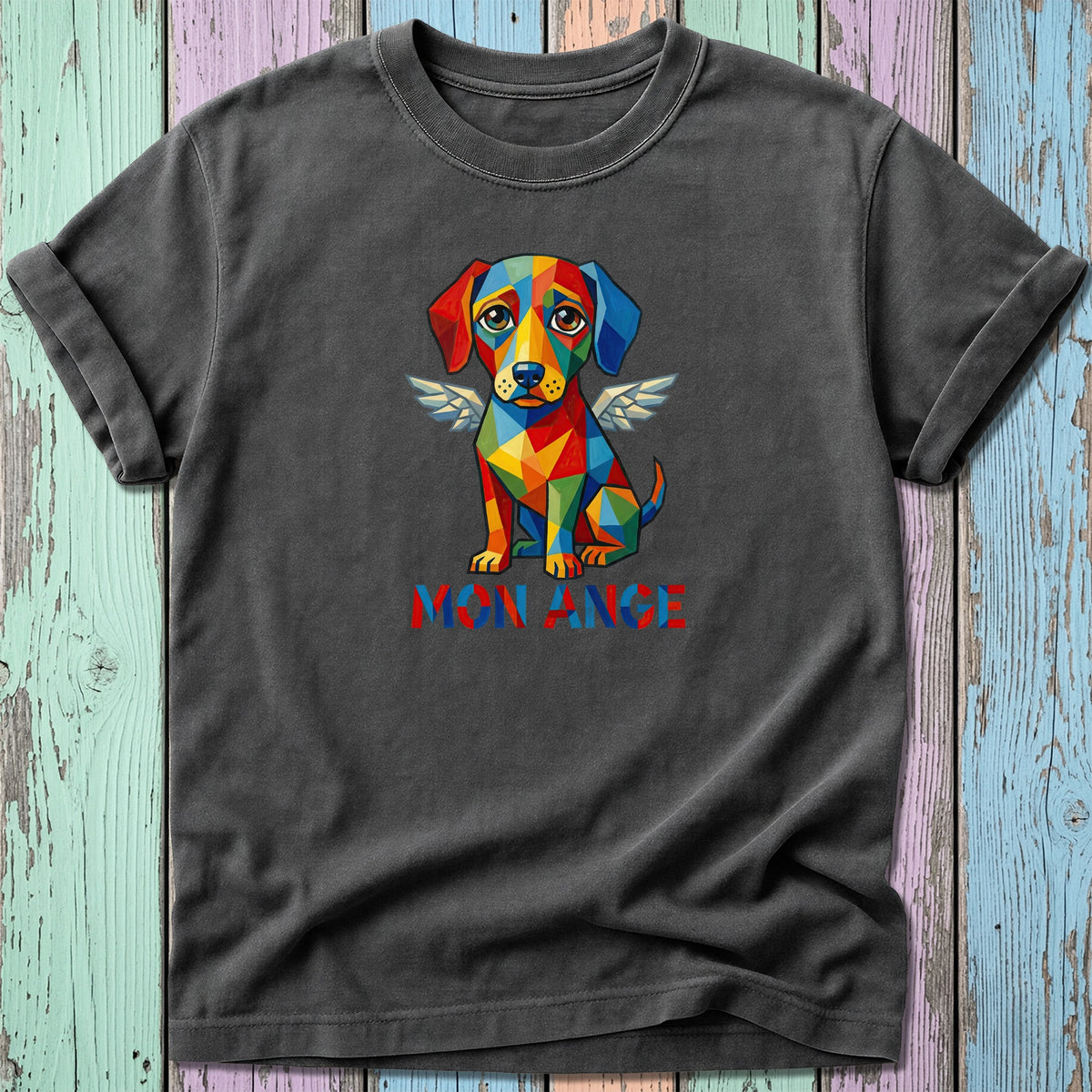Geometric dog with wings and text "MON ANGE" on a dark gray t-shirt.