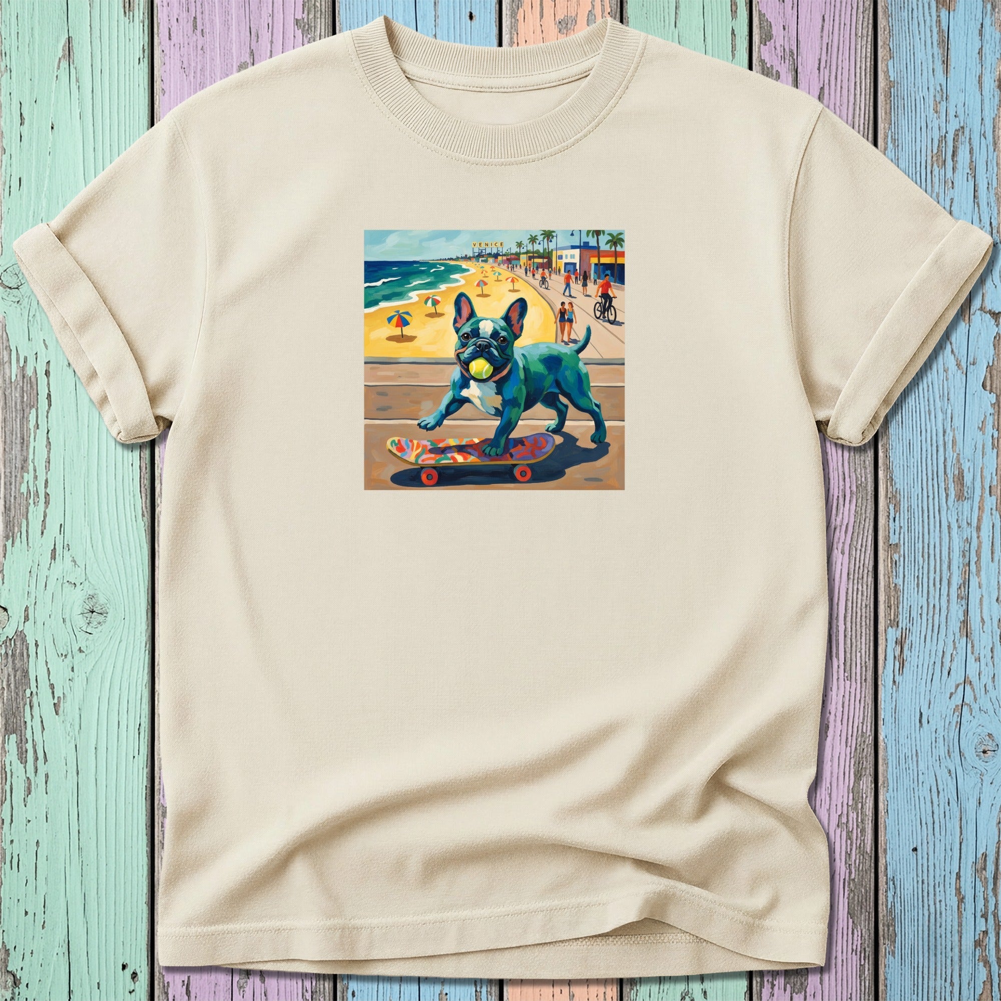 French bulldog on skateboard with beach scene background.