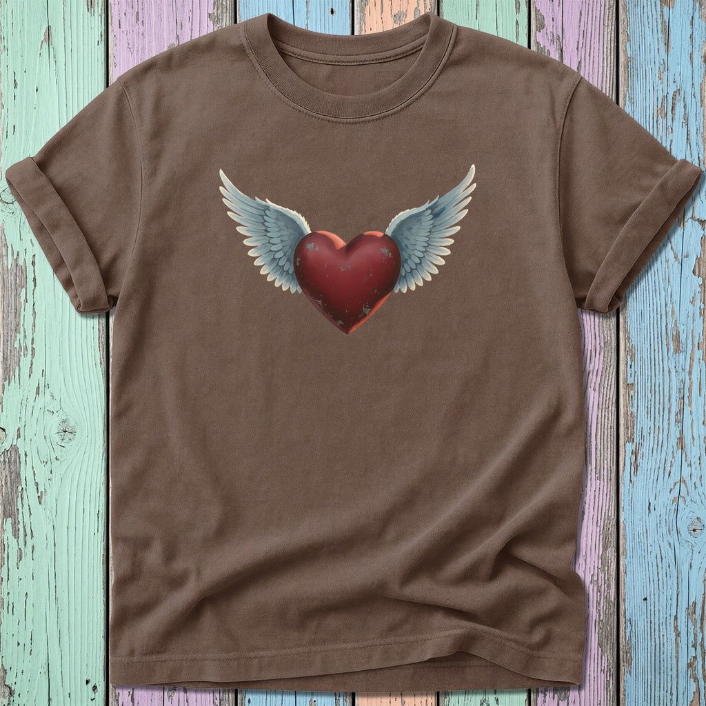 Brown t-shirt with a winged red heart graphic.