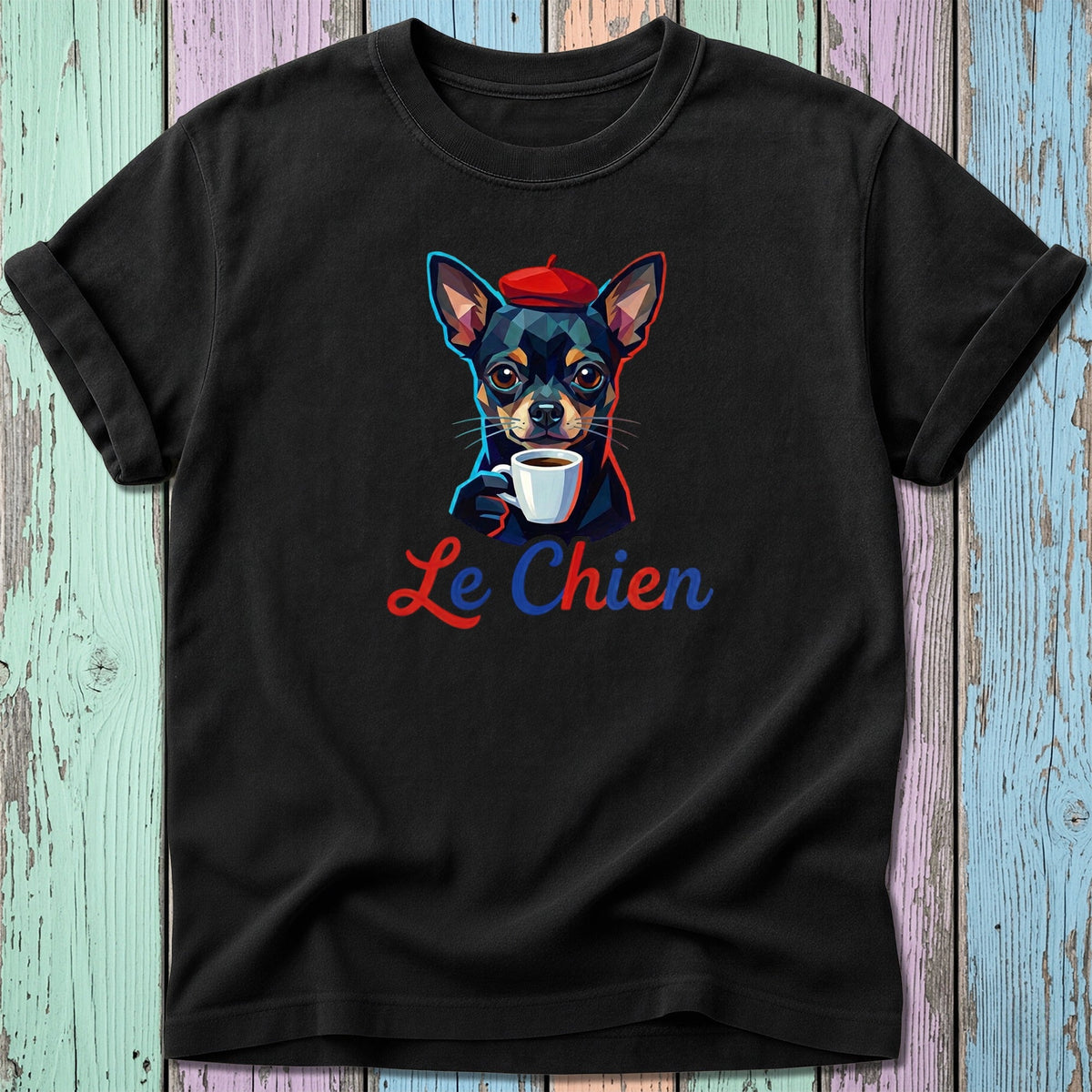 Chihuahua wearing beret drinks coffee with text "Le Chien".