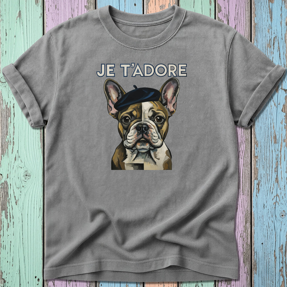 French bulldog wearing a beret with "JE T'ADORE" text.
