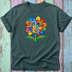 T-shirt with a colorful, cubist-style sun face with "LOVE" and "PEACE" on leaves.