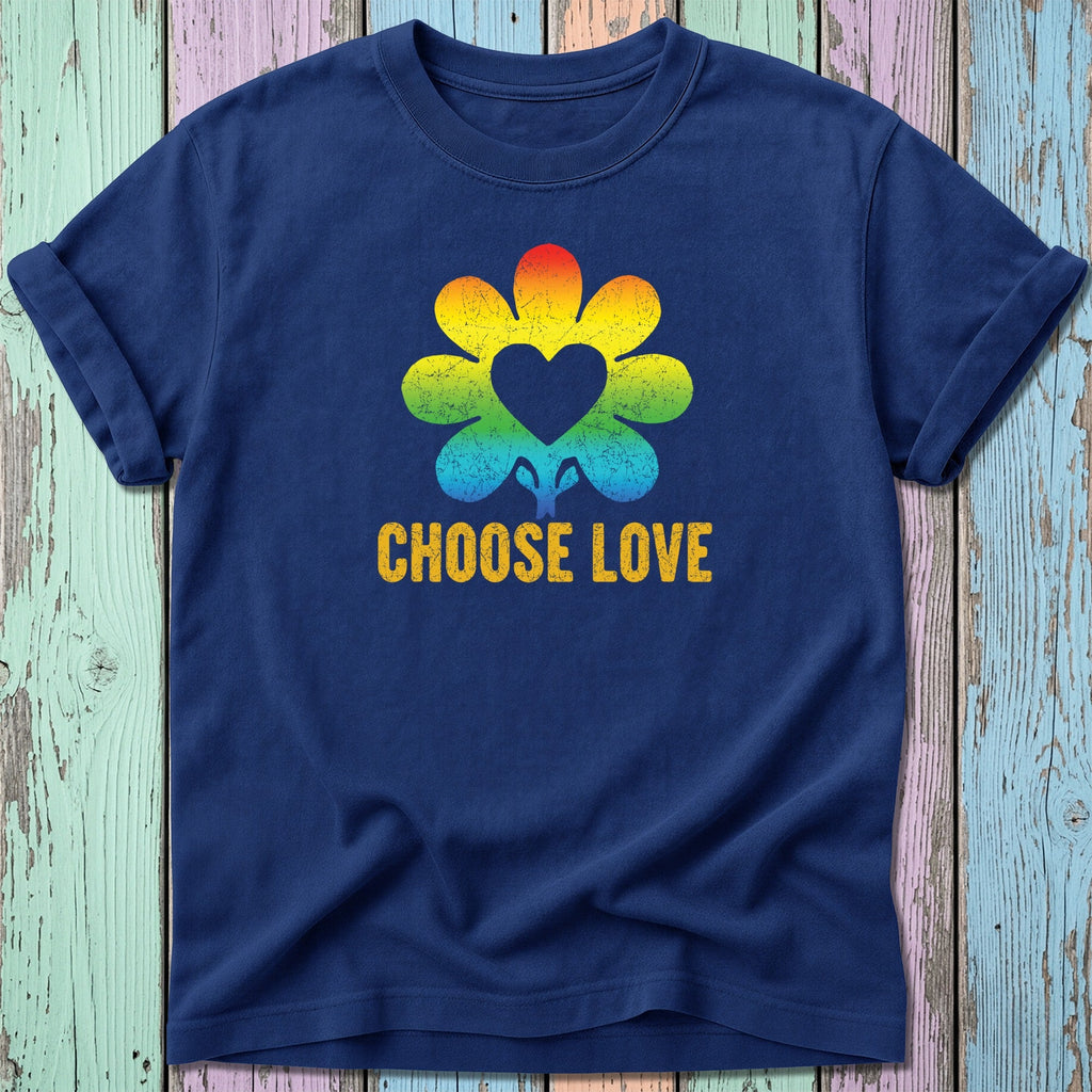 Navy t-shirt with rainbow flower heart graphic and "CHOOSE LOVE" text.