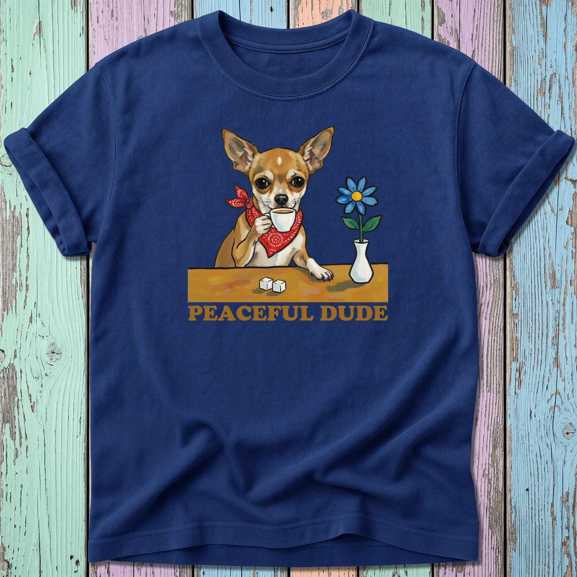 Navy t-shirt with a chihuahua wearing a bandana, drinking coffee.