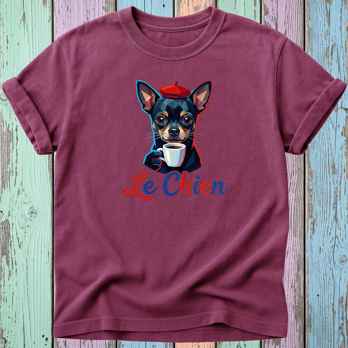 Maroon t-shirt with graphic of chihuahua wearing beret holding coffee cup and text "Le Chien."