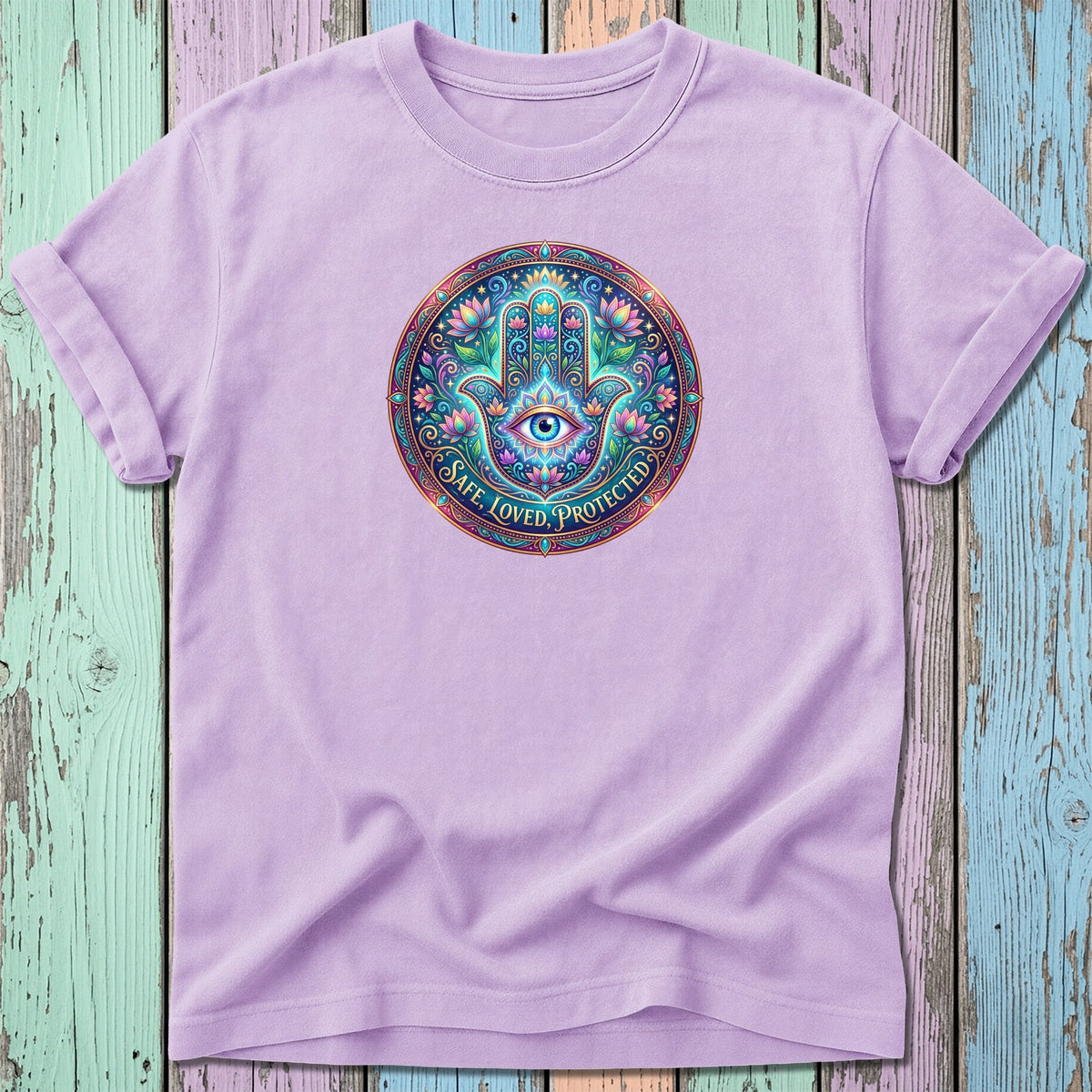 Purple t-shirt with a Hamsa hand, eye, and lotus flower graphic reading "SAFE, LOVED, PROTECTED."