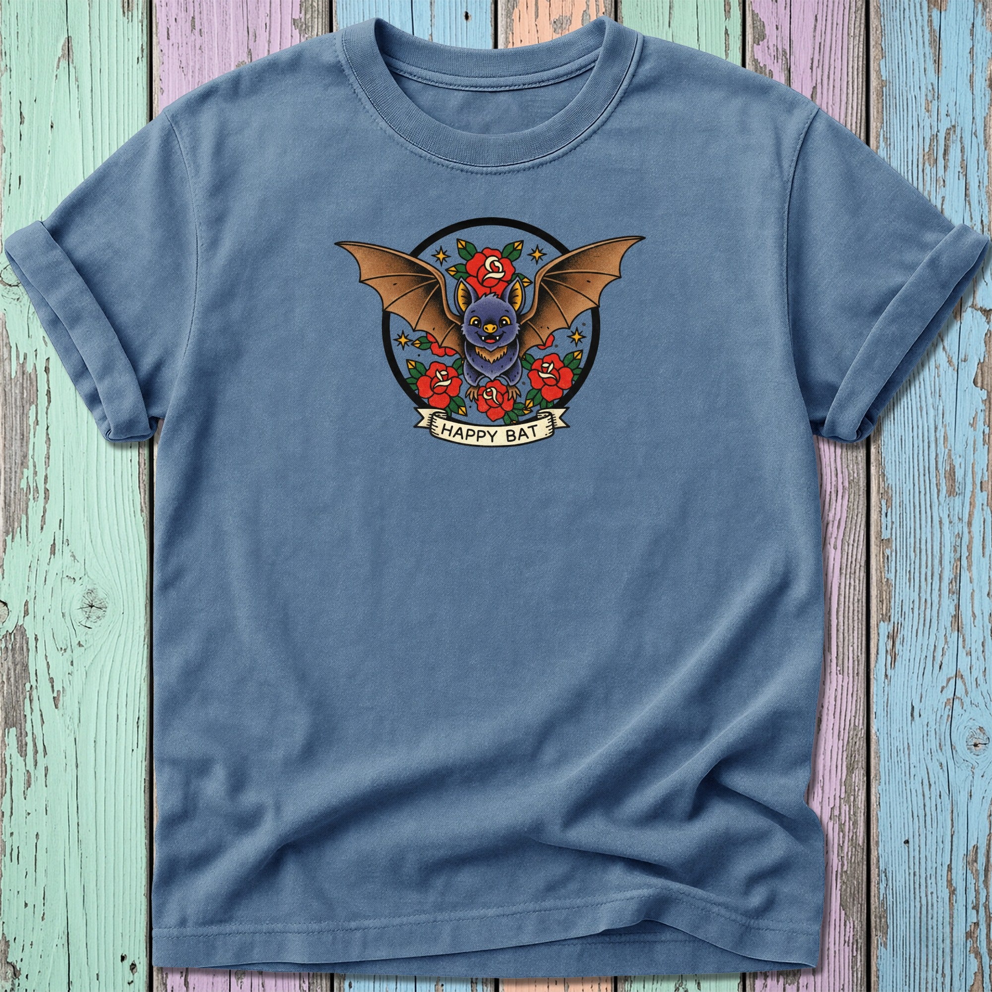 T-shirt with a vintage-style happy bat illustration and "Happy Bat" text.