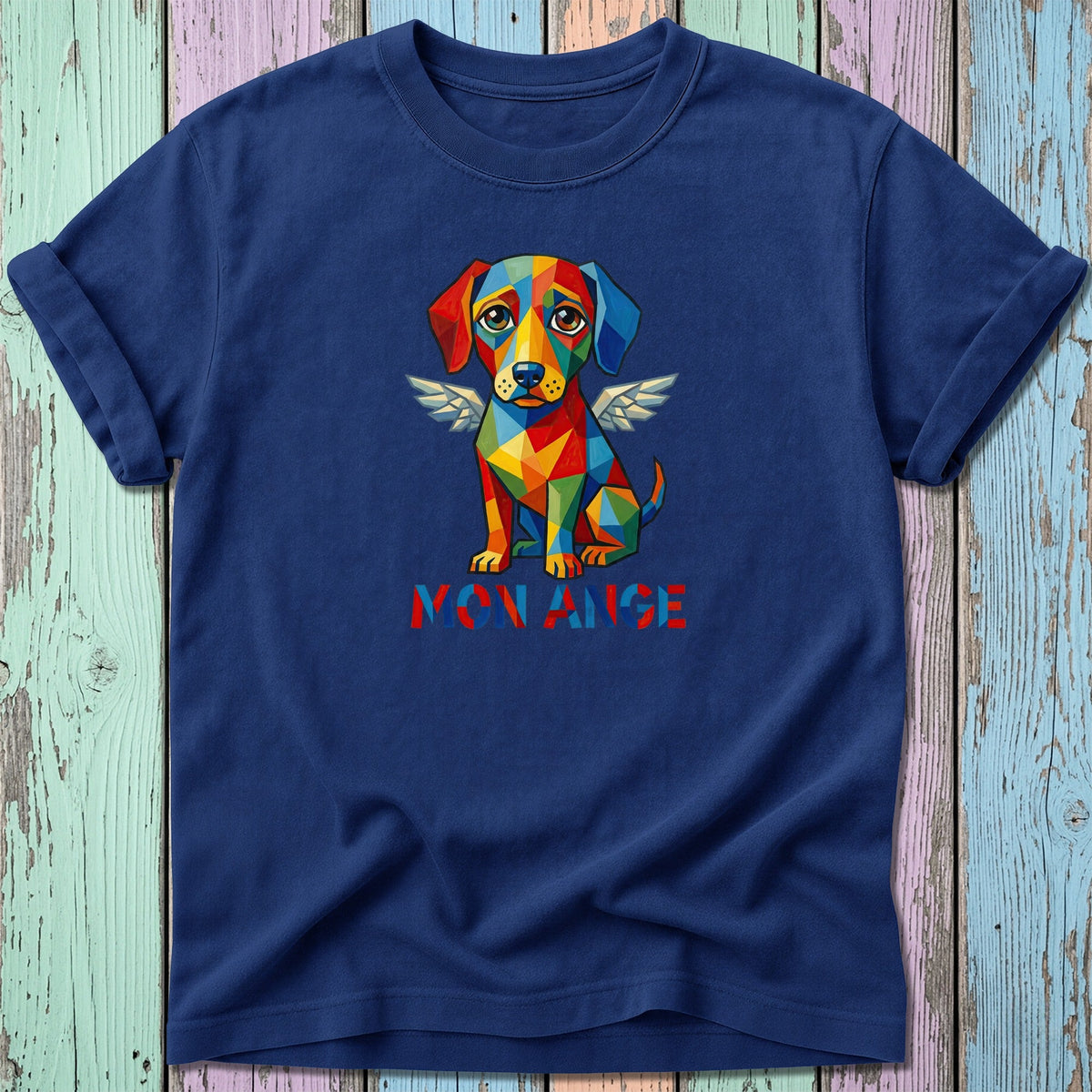 Navy t-shirt with a geometric, colorful dog with wings and text "MON ANGE".
