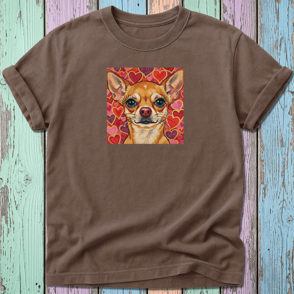 Brown t-shirt with a stylized chihuahua illustration surrounded by hearts.