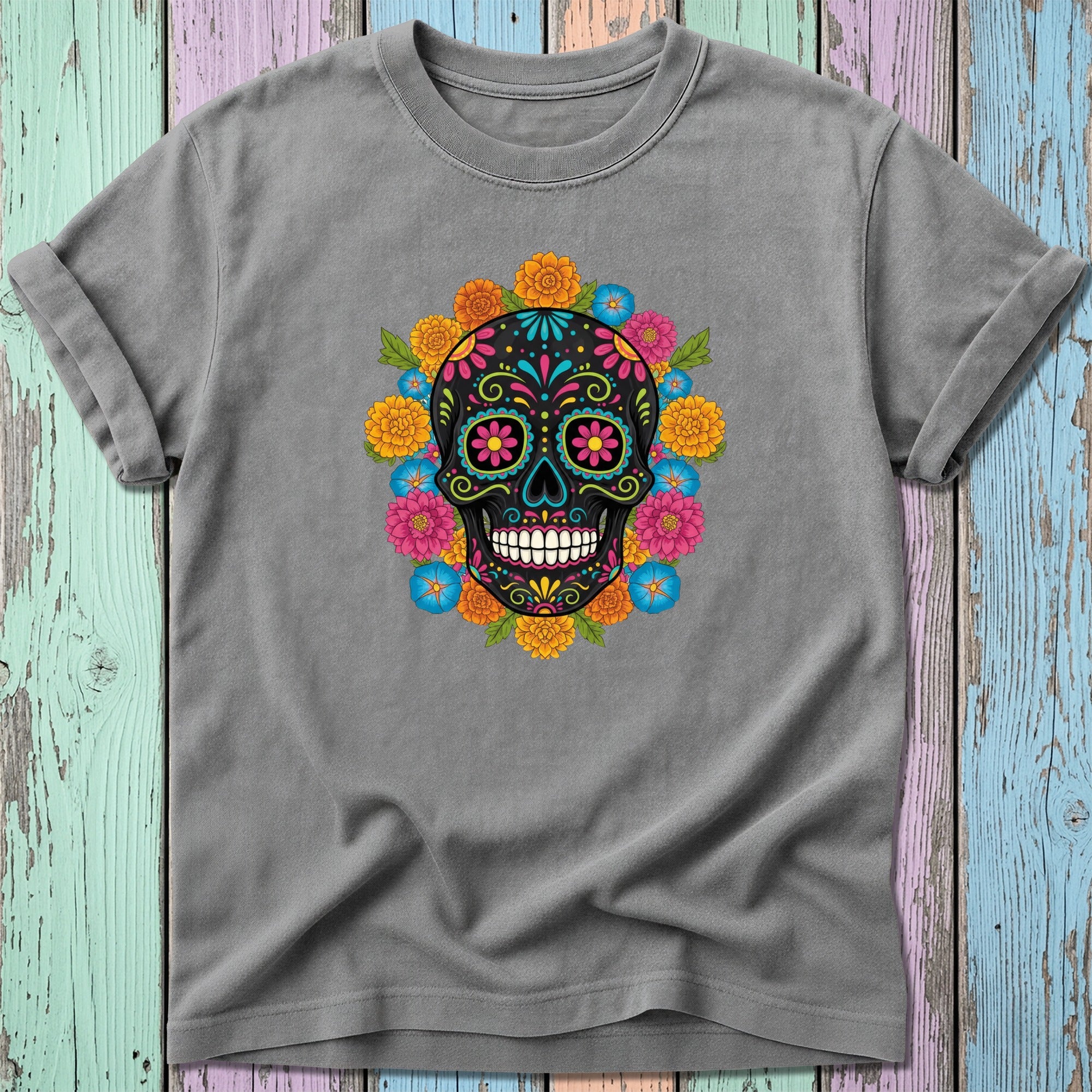 Gray t-shirt with a colorful sugar skull design and floral border.