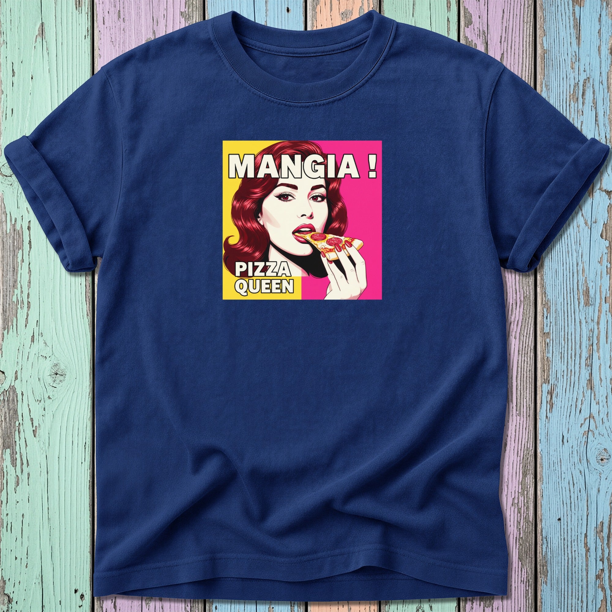 T-shirt with pop art graphic of a woman eating pizza, text "MANGIA! PIZZA QUEEN".