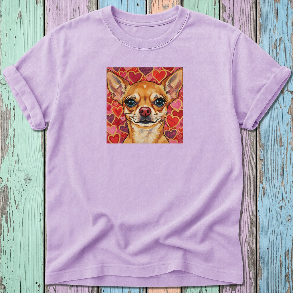 Chihuahua portrait with hearts and swirling patterns on a lavender t-shirt.