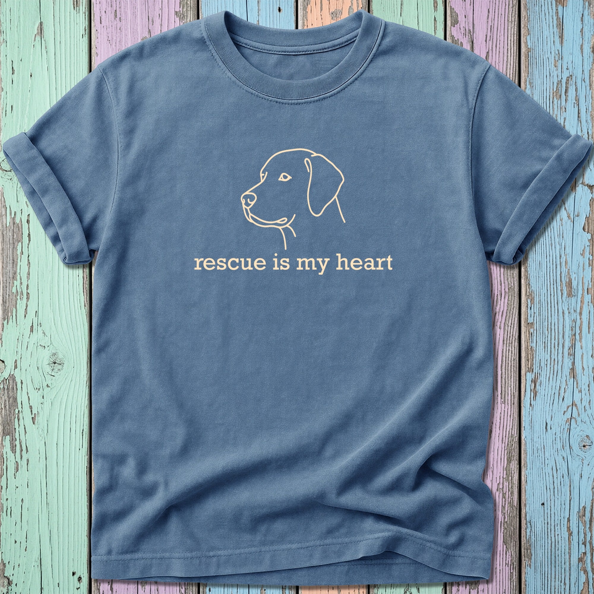 Blue t-shirt with dog outline and "rescue is my heart" text.