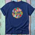 Navy t-shirt with colorful circle design featuring the word "LOVE" and hearts.