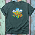 Dark green t-shirt with a colorful flower design featuring peace signs and a landscape.
