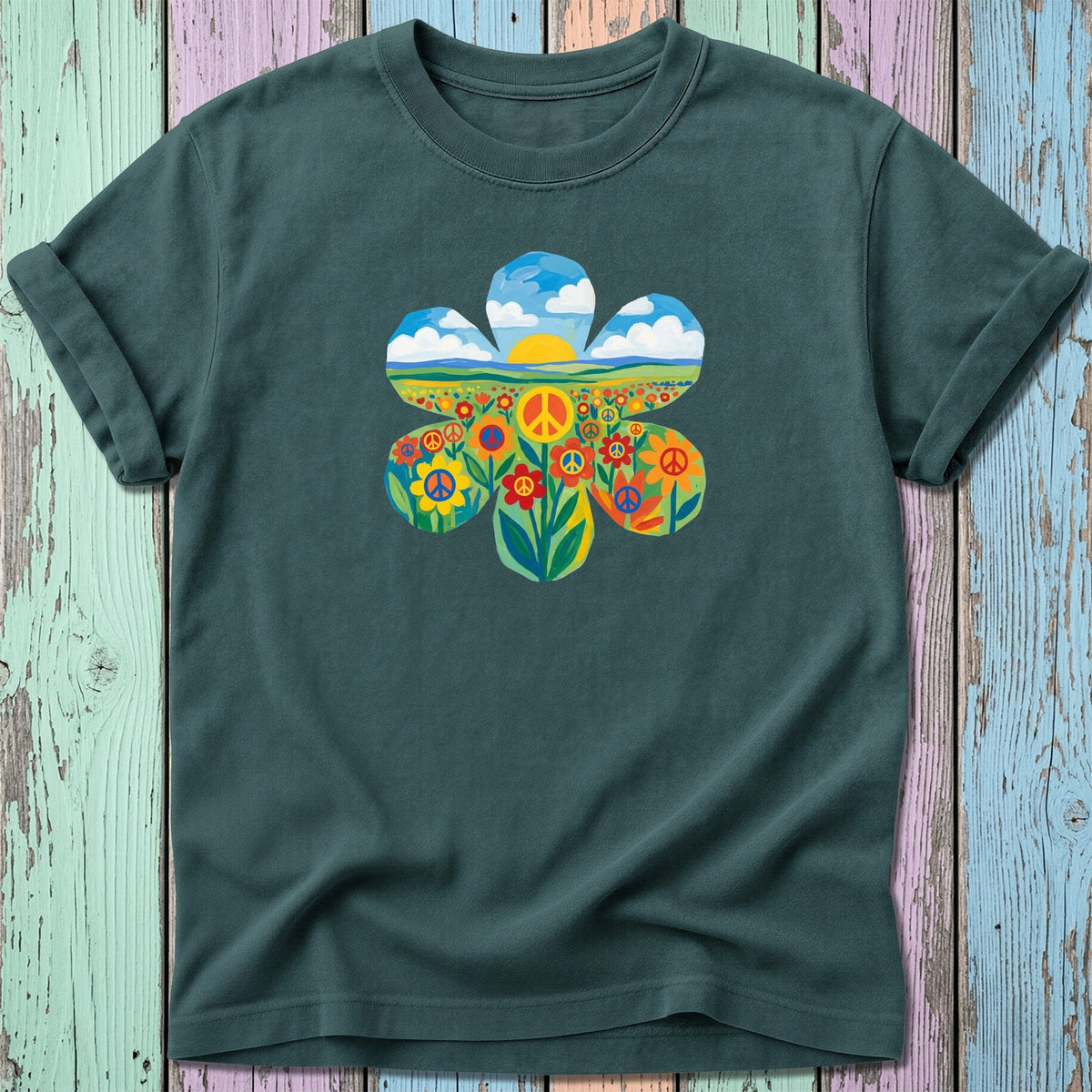 Dark green t-shirt with a colorful flower design featuring peace signs and a landscape.
