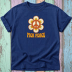 Navy t-shirt with retro peace sign flower and "PICK PEACE" text.