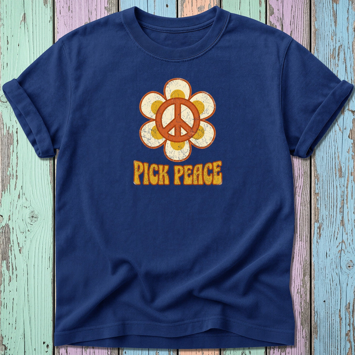 Navy t-shirt with retro peace sign flower and "PICK PEACE" text.