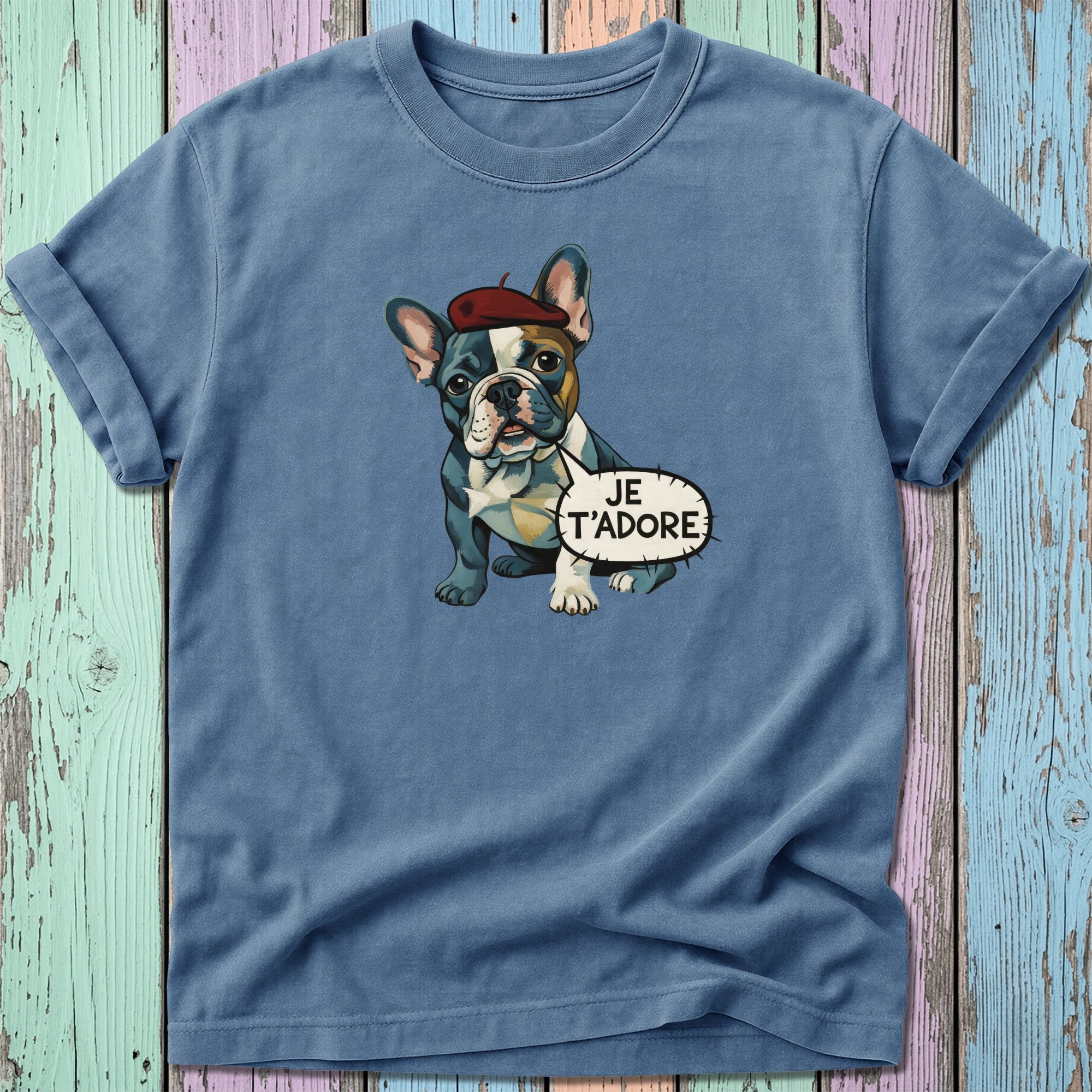 French bulldog wearing a beret with "JE T'ADORE" speech bubble.