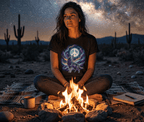 Lifestyle of a woman wearing a Northern Lights Howling Wolf T-Shirt - The Peaceful Printer