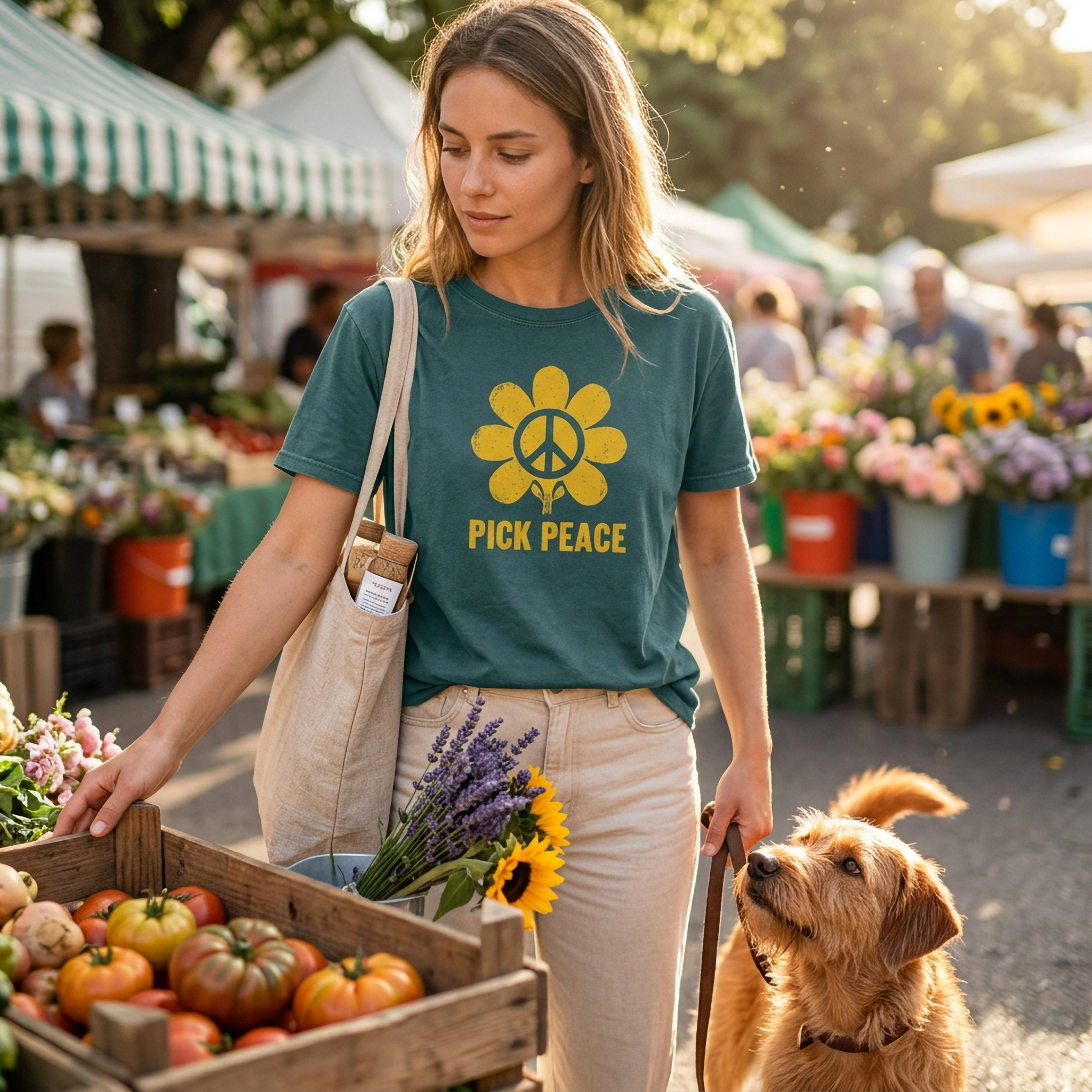 Lifestyle of a woman wearing a Retro Pick Peace Flower T-Shirt - The Peaceful Printer