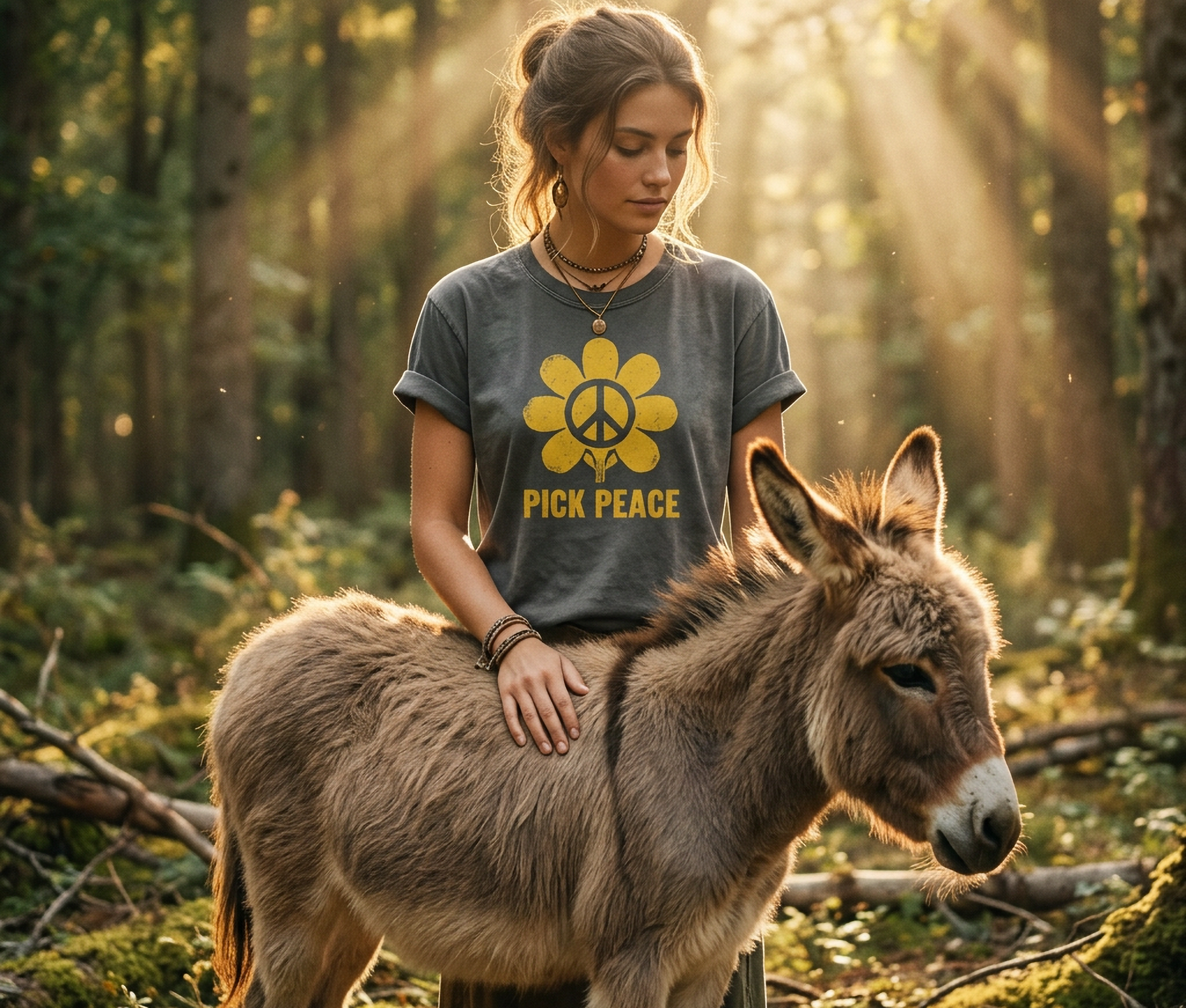 Woman in a forest with a donkey wearing a 'Pick Peace' t-shirt