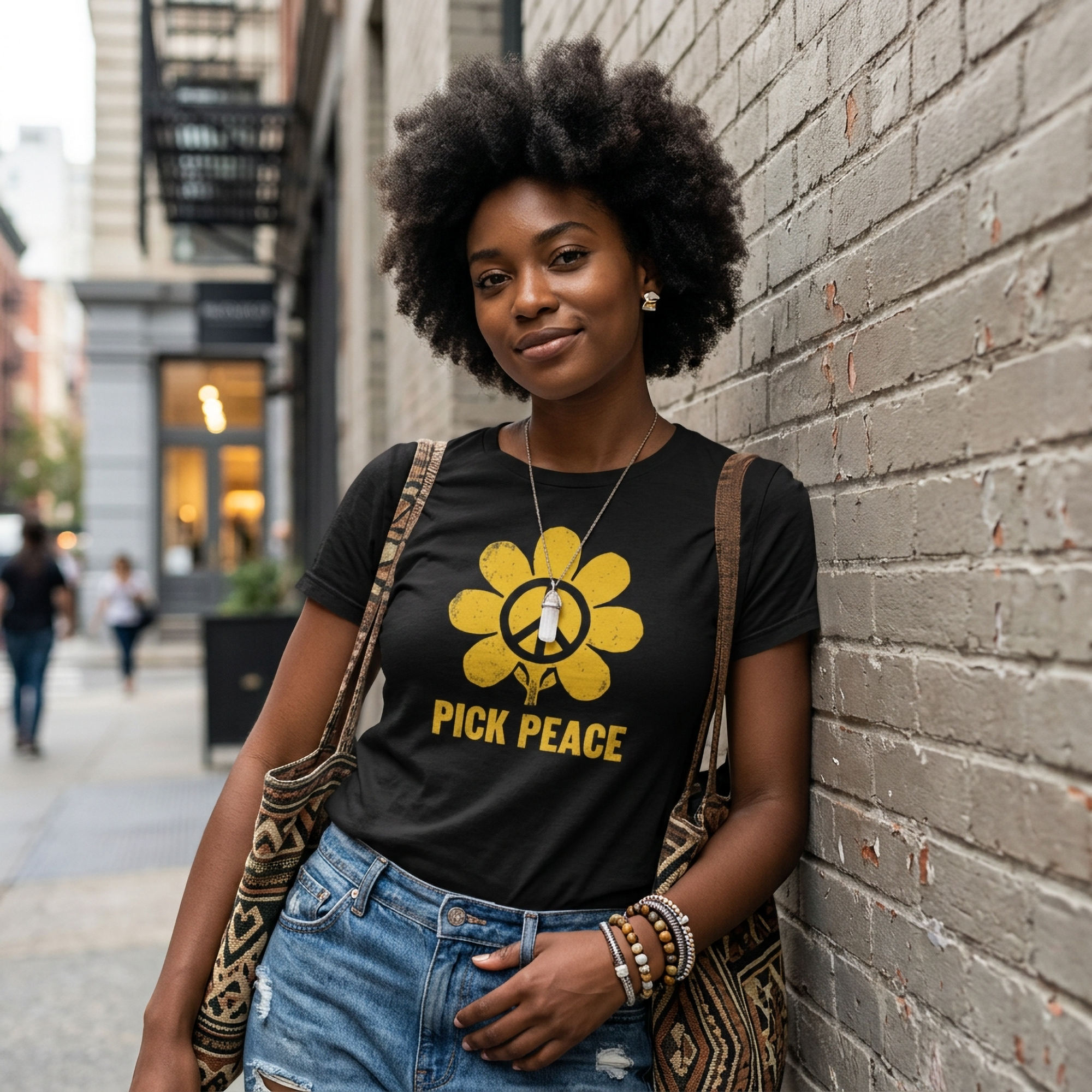 Woman wearing a 'Pick Peace' t-shirt leaning against a brick wall on a city street.