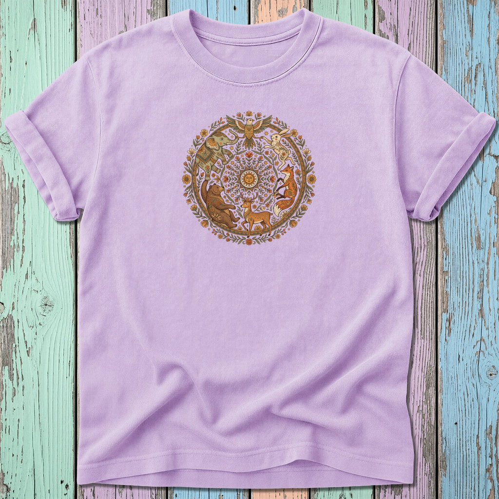 Lavender t-shirt with a circular woodland animal illustration in the center.