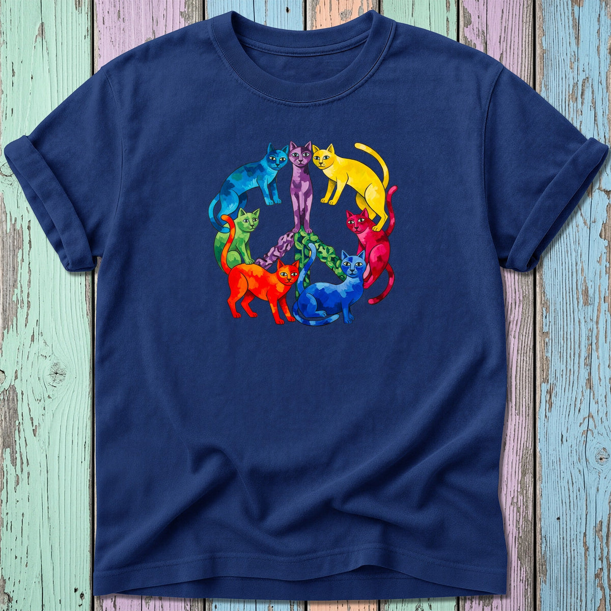Circle of colorful cats forming a peace sign on a navy blue t-shirt.