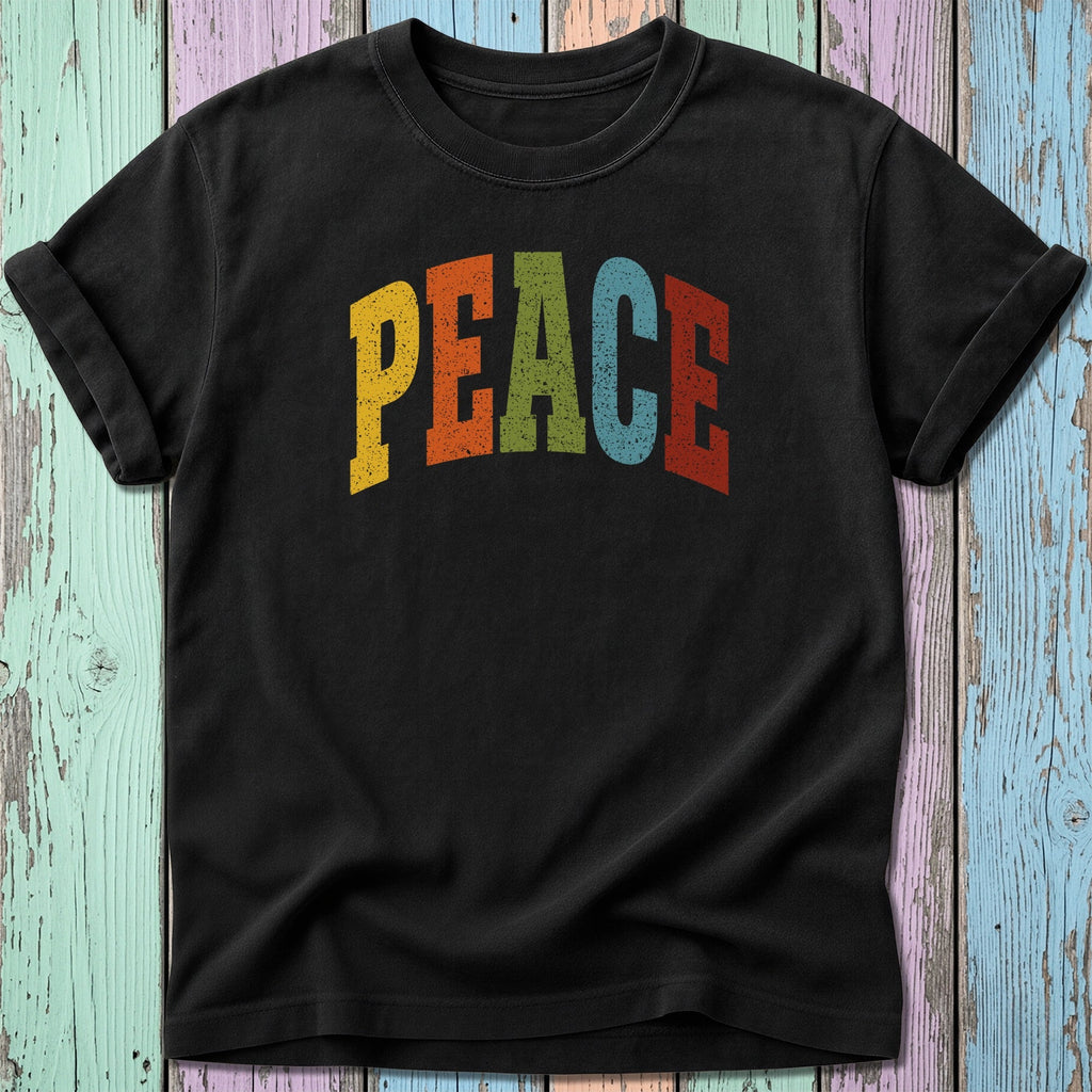 Black t-shirt with colorful distressed "PEACE" text.