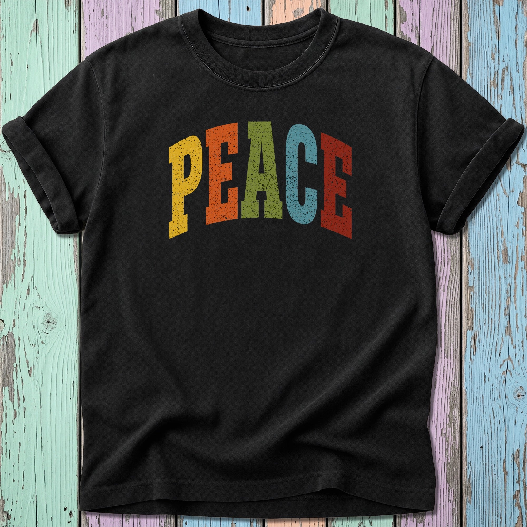 Black t-shirt with colorful distressed "PEACE" text.
