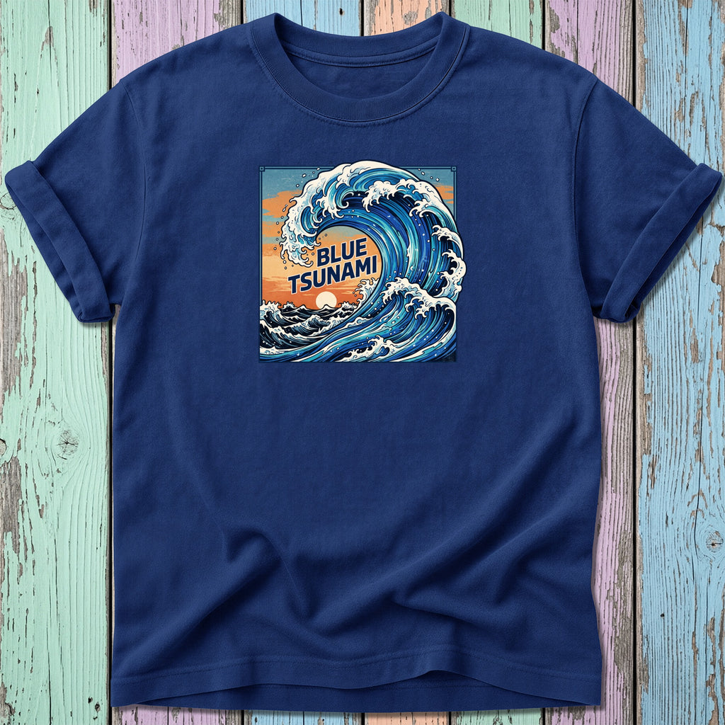 A navy blue t-shirt with a square graphic of a crashing ocean wave and the text BLUE TSUNAMI.