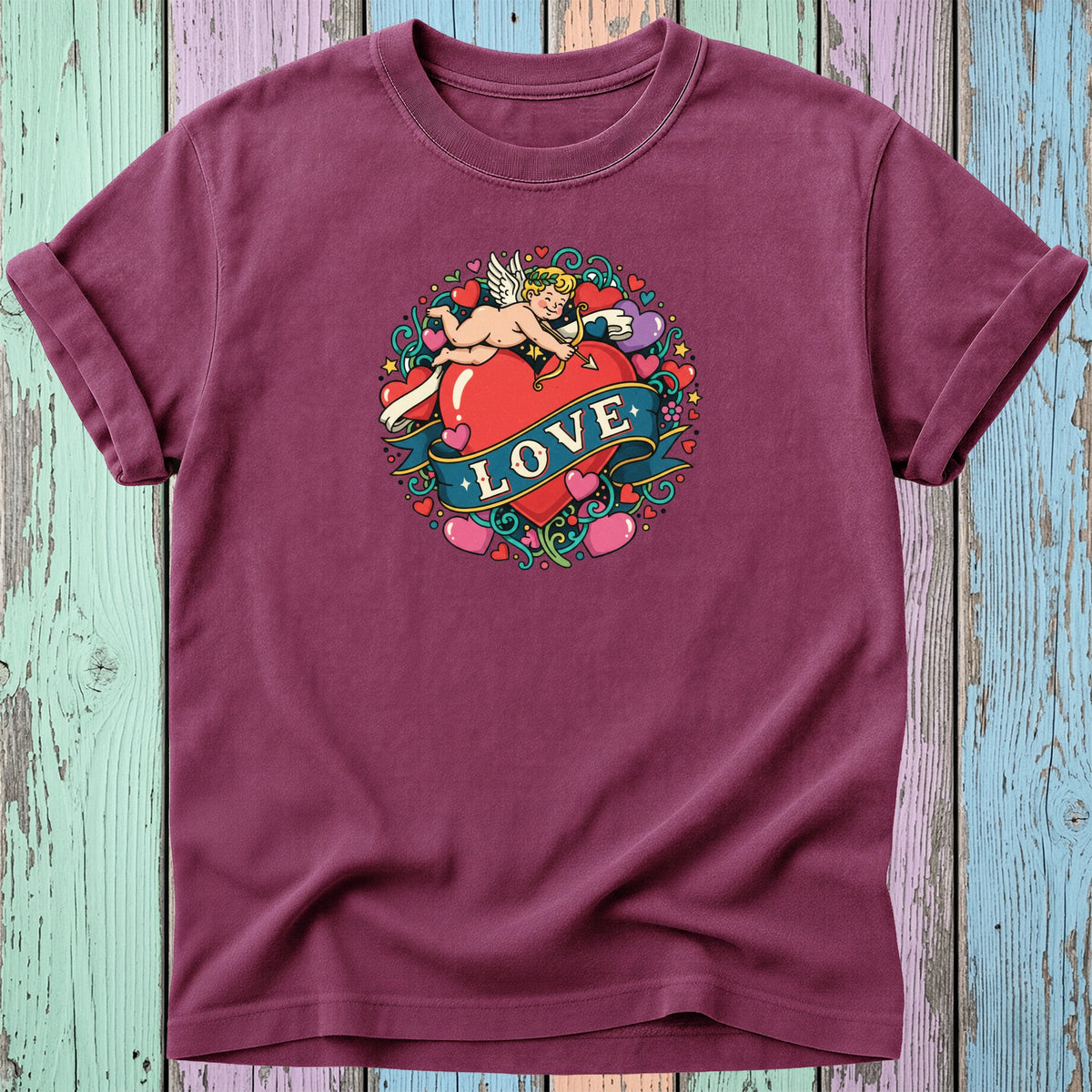 Burgundy t-shirt with a heart, cupid, and "Love" banner design.