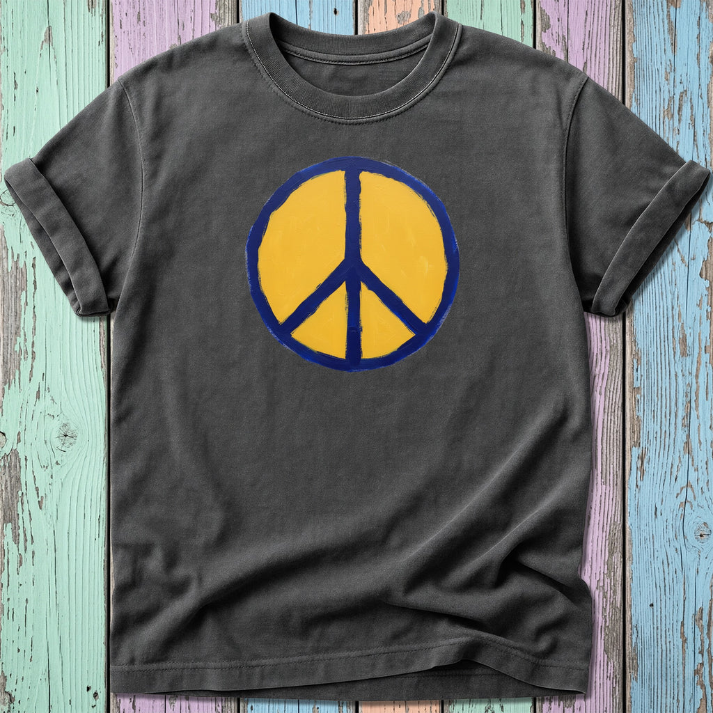 Dark gray t-shirt with yellow peace symbol outlined in blue.