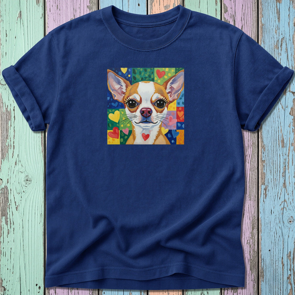 Navy blue t-shirt with a colorful, cartoon-style chihuahua portrait featuring hearts.