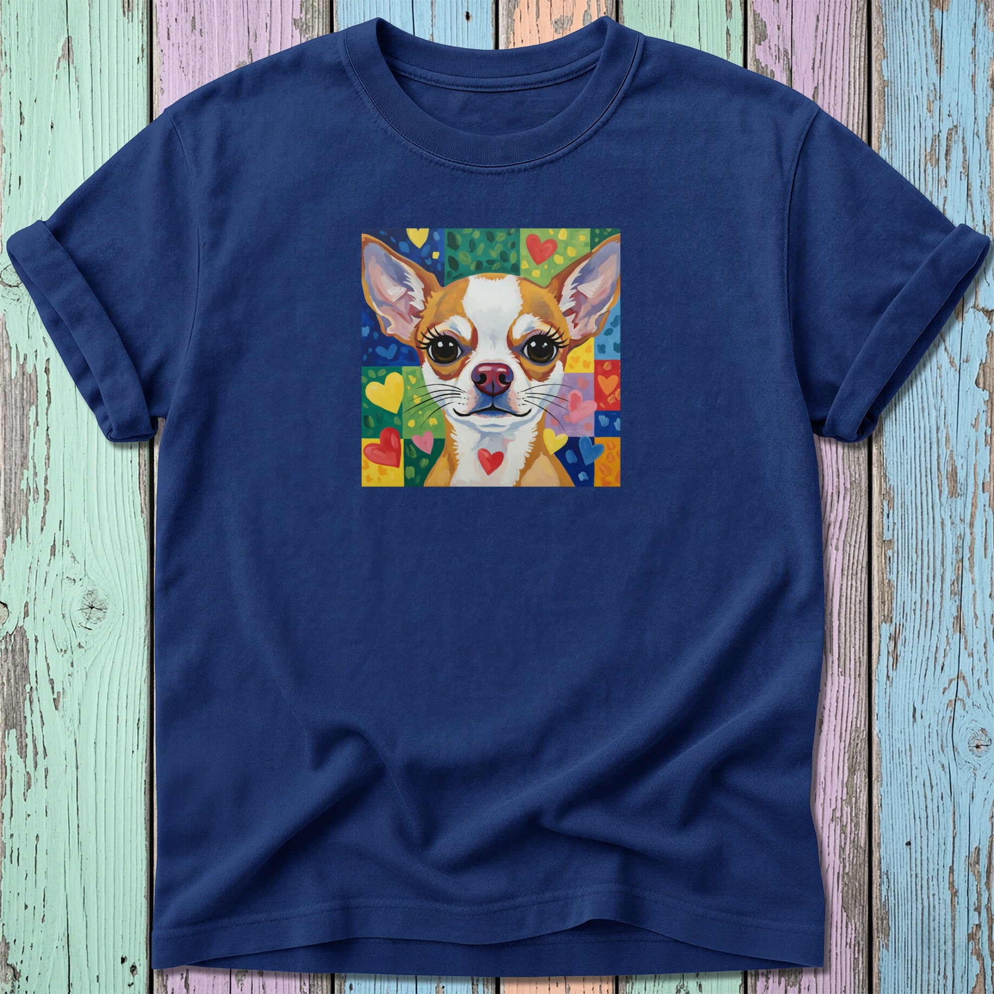 Navy blue t-shirt with a colorful, cartoon-style chihuahua portrait featuring hearts.