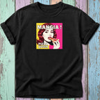 Black t-shirt with "MANGIA! PIZZA QUEEN" and a woman eating pizza.