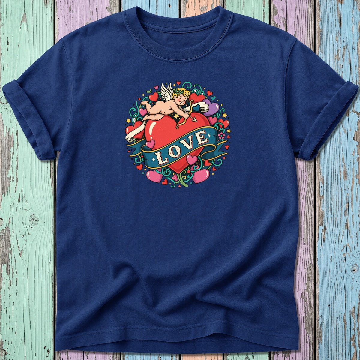 Navy t-shirt with a heart, cupid, and "Love" banner graphic.