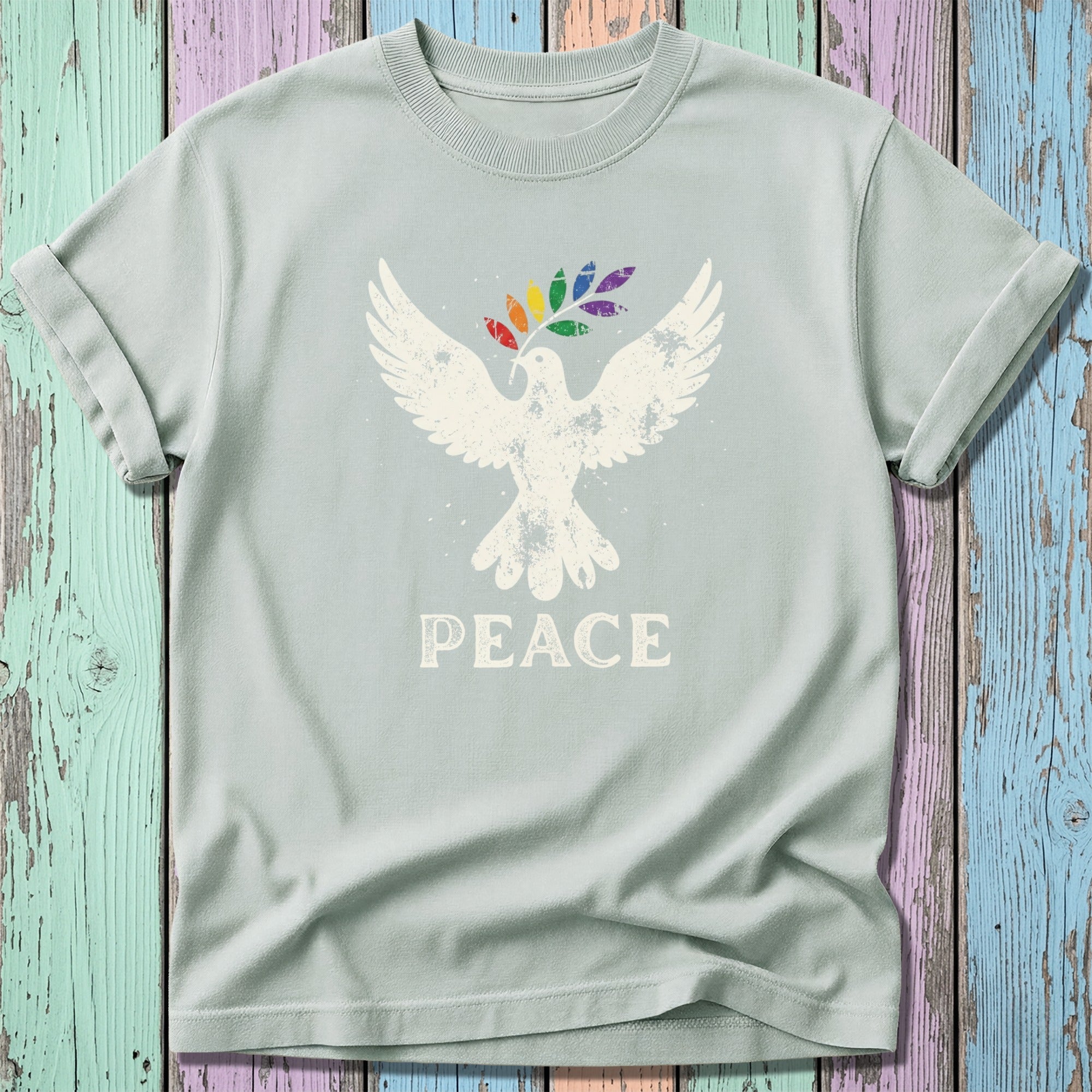 Light gray t-shirt with distressed peace dove holding rainbow-colored olive branch.