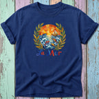 Navy t-shirt with "La Mer" text and geometric ocean scene graphic.