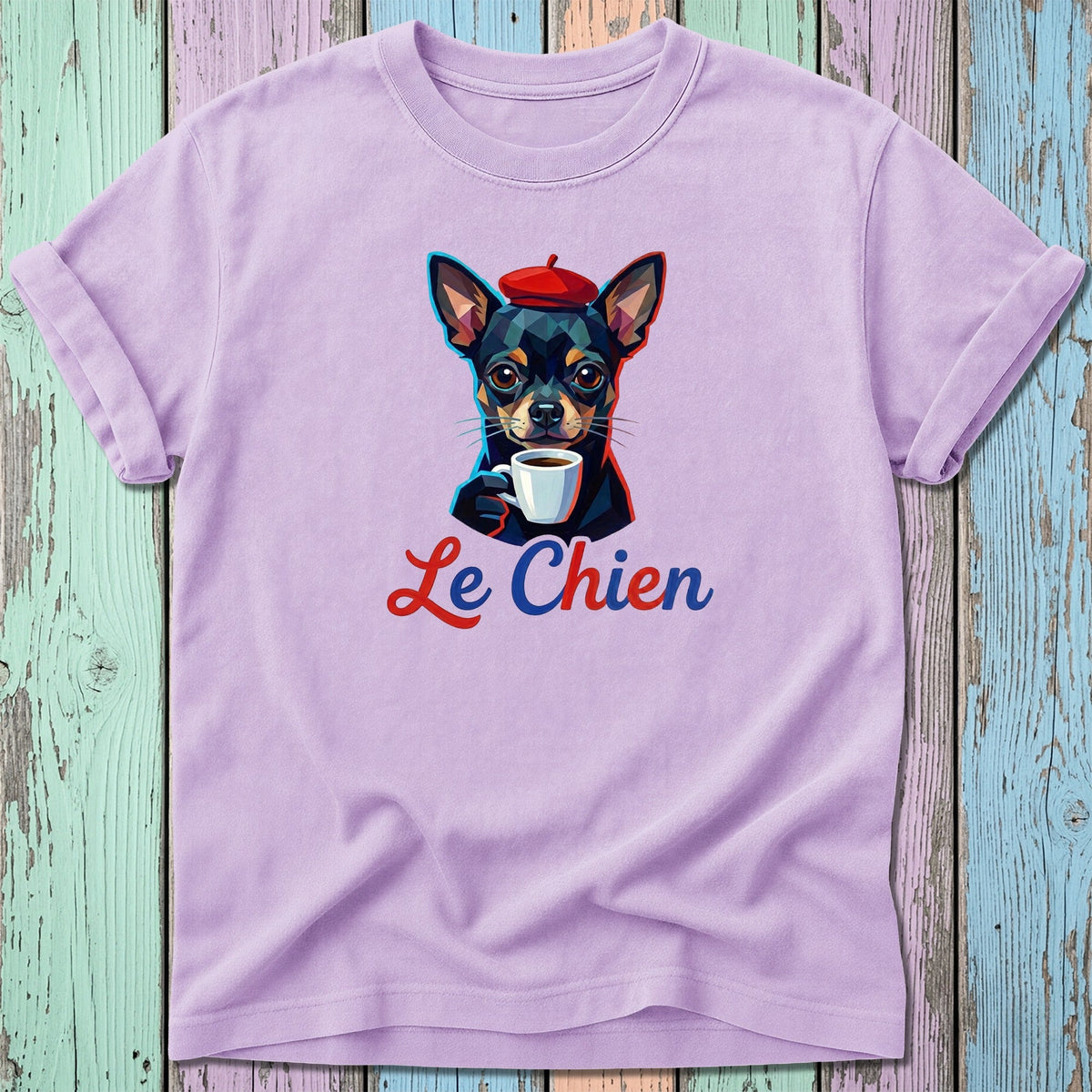 Chihuahua wearing a beret drinks coffee with "Le Chien" text.